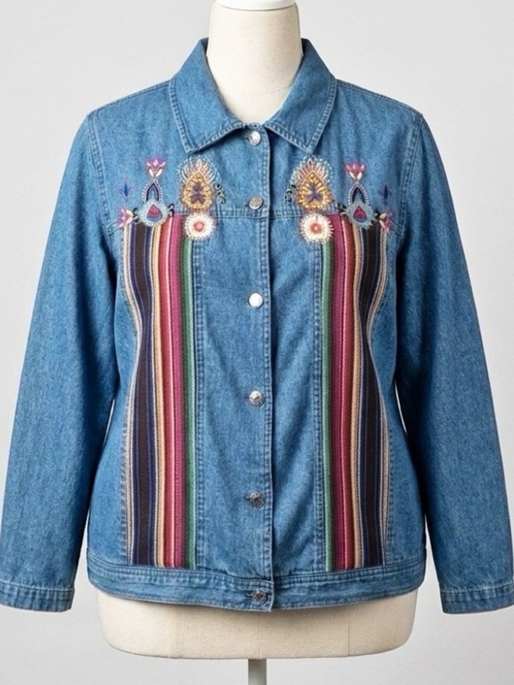 Vintage 90s Y2K Embroidered Tapestry Denim Jacket 1X Scandi Boho Artisan Folk